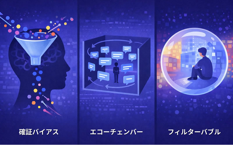 確証バイアス、エコーチェンバー、フィルターバブルの3つの心理メカニズムを図解したインフォグラフィック