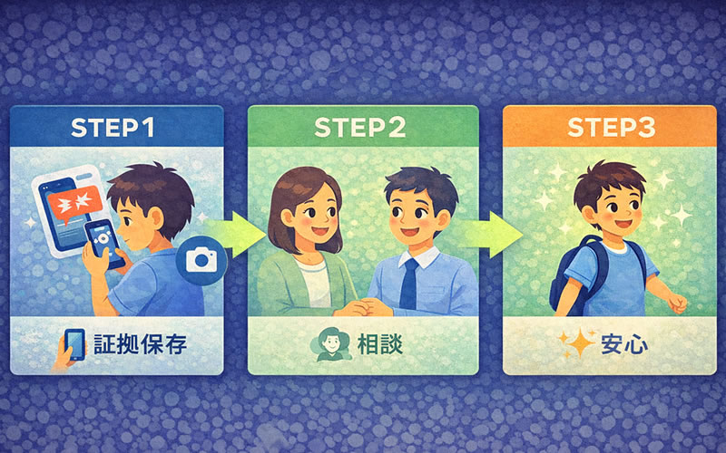 ネットいじめの被害対処3ステップ（証拠保存→大人に相談→解決）を示すイラスト