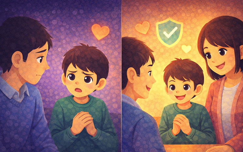 不安な表情の中学生が信頼できる大人に相談し、安心している様子のイラスト