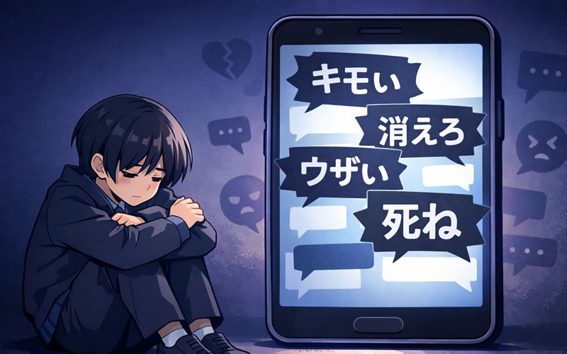 ススマホ画面に「キモい」「消えろ」などの悪意あるメッセージが大量に表示され、画面の前で傷ついた表情の中学生が座り込んでいるイメージ。