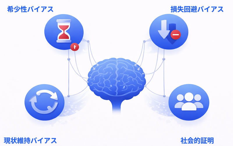 ダークパターンが利用する3つの認知バイアス（希少性・損失回避・現状維持）の図解
