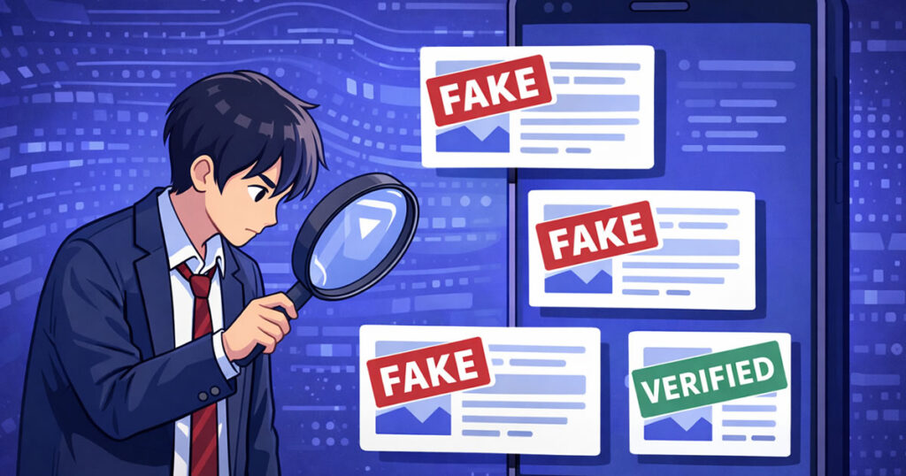 スマホのタイムラインに流れる情報を虫眼鏡で検証している高校生のイラスト。FAKE/TRUEの判定が表示されている