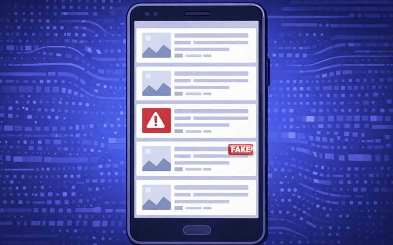 スマホのタイムラインに流れるニュースの中に赤い警告マーク付きの偽ニュースが紛れ込んでいるイラスト