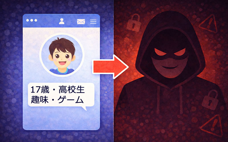 SNSプロフィールでは「17歳・高校生」と表示されているが、実際は全く違う大人であることを示す図解