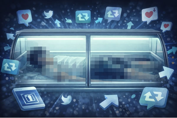 コンビニ冷蔵庫に入る様子とSNSで拡散するイメージ図 バイトテロ事件の象徴的イラスト