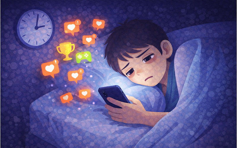 深夜にベッドの上でスマホを見続ける中学生。時計は「あと5分」のつもりが3時間経過していることを示すイラスト