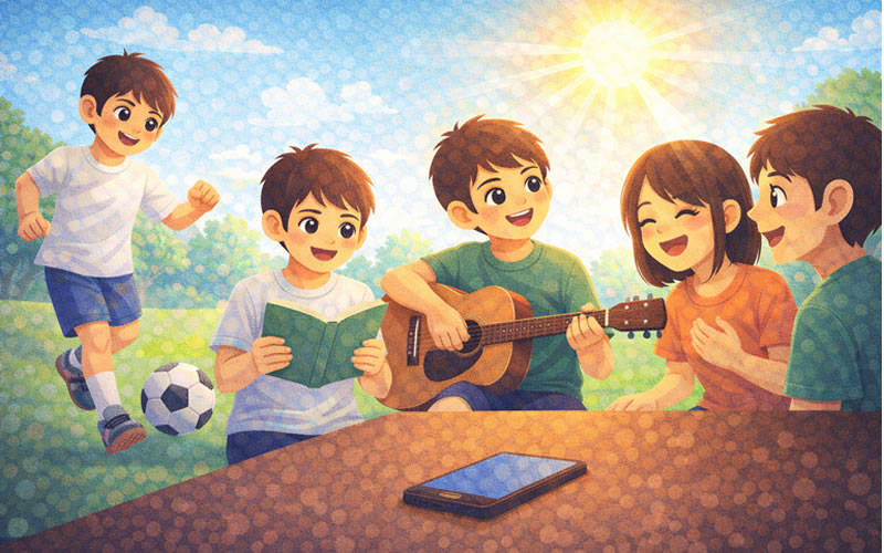 スマホを置いてスポーツや読書、友達との会話を楽しんでいる中学生のイラスト