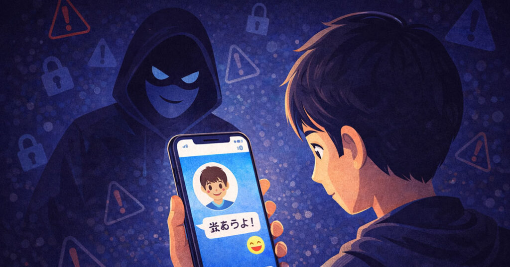 スマホのチャット画面と、画面の向こうに潜む不審な影のシルエット。ネット上の出会いの危険性を表すイラスト