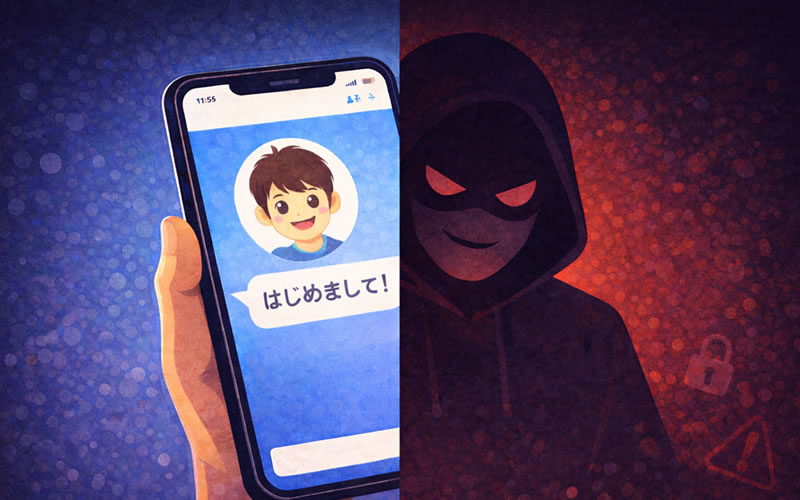 スマートフォンに届いた「はじめまして」のメッセージと、画面の裏側に潜む暗い影を描いたイラスト