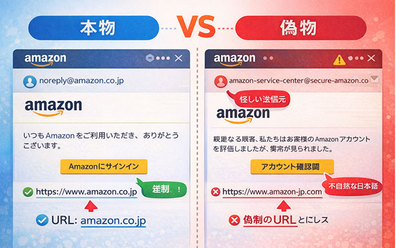本物のAmazonメールと偽物のフィッシングメールを並べた比較図。URLや送信元の違いを赤い矢印で指摘