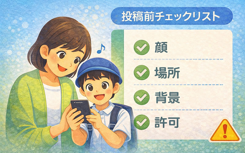 写真を投稿する前のチェックリスト。小学生と保護者が一緒に確認している様子のイラスト