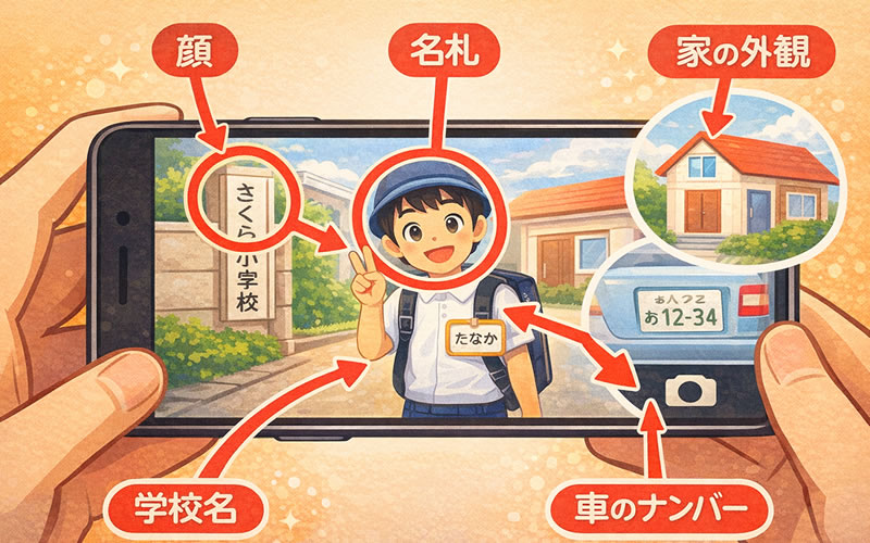 写真の中に含まれる個人情報を矢印で指摘する図解。顔、場所、背景、名札などが強調されている