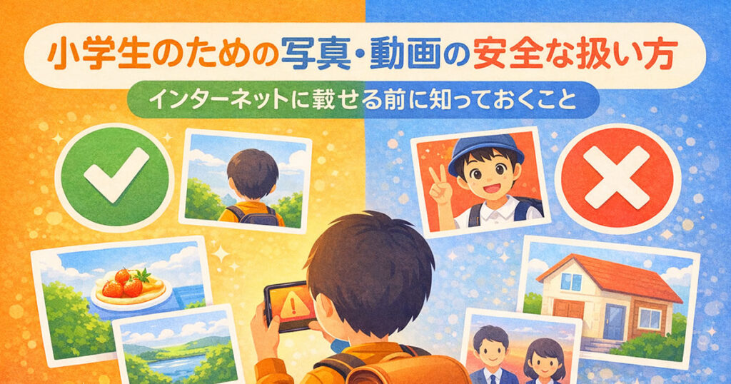 スマートフォンで写真を撮る小学生と、安全マークと危険マークが表示されているイラスト