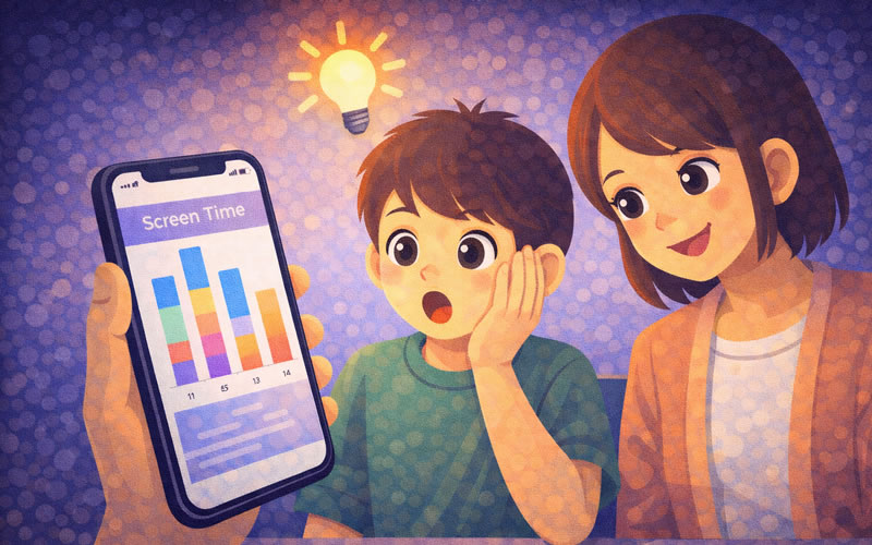 スマホの利用時間グラフを見て気づきを得る中学生と、横で見守る大人のイラスト