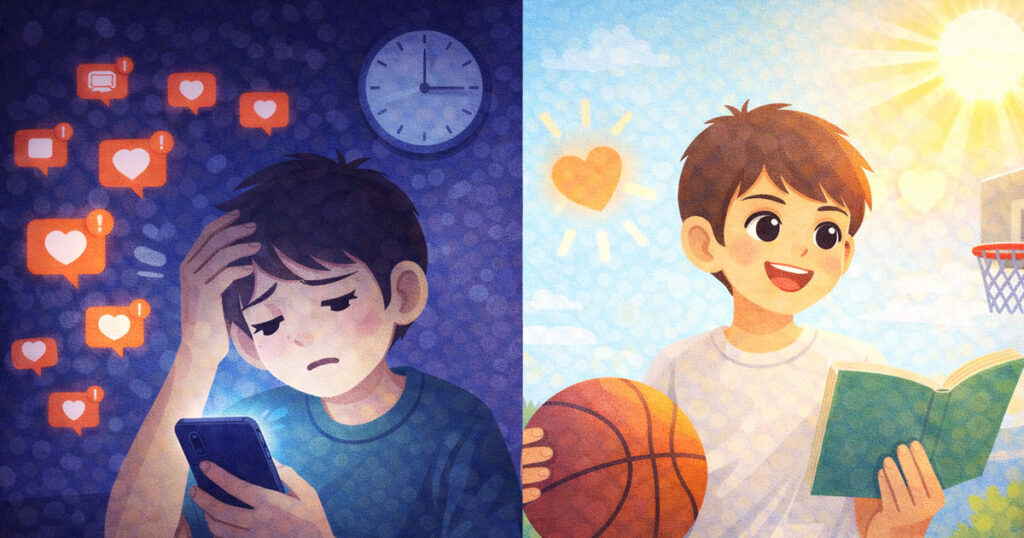 暗い部屋でスマホの画面に照らされた中学生と、スマホを置いて笑顔で活動している中学生の対比イラスト