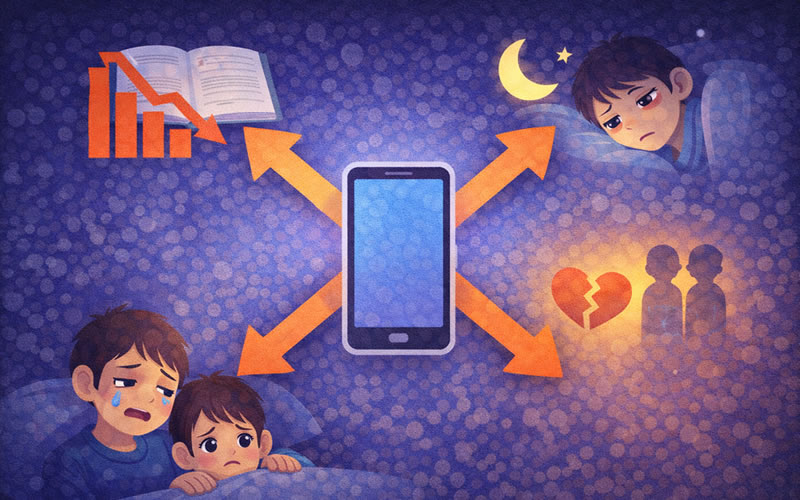 スマホの使いすぎで起きる4つの悪影響（成績低下・睡眠不足・メンタル不調・人間関係悪化）を表すインフォグラフィック