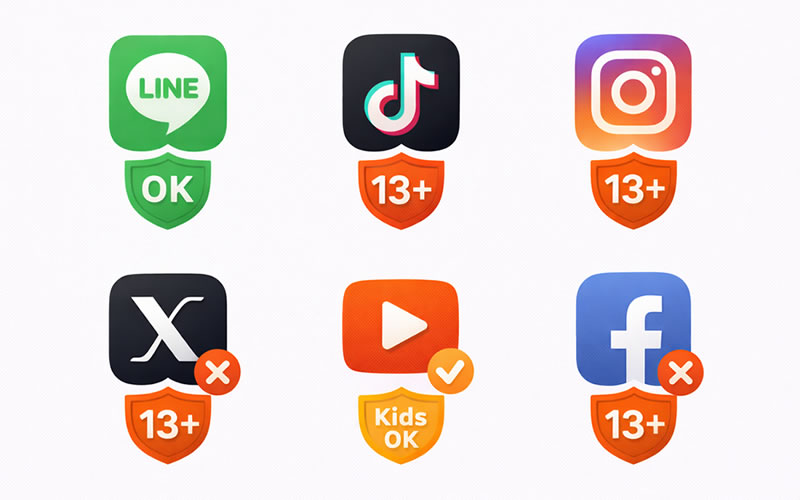 主要SNSの年齢制限を一覧にした図表（LINE, TikTok, Instagram, X, YouTube, Facebook）