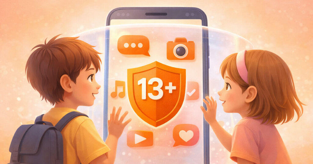 スマートフォンの画面に並ぶSNSアイコンを、「13+」の盾バリア越しにのぞきこむ小学生の男の子と女の子