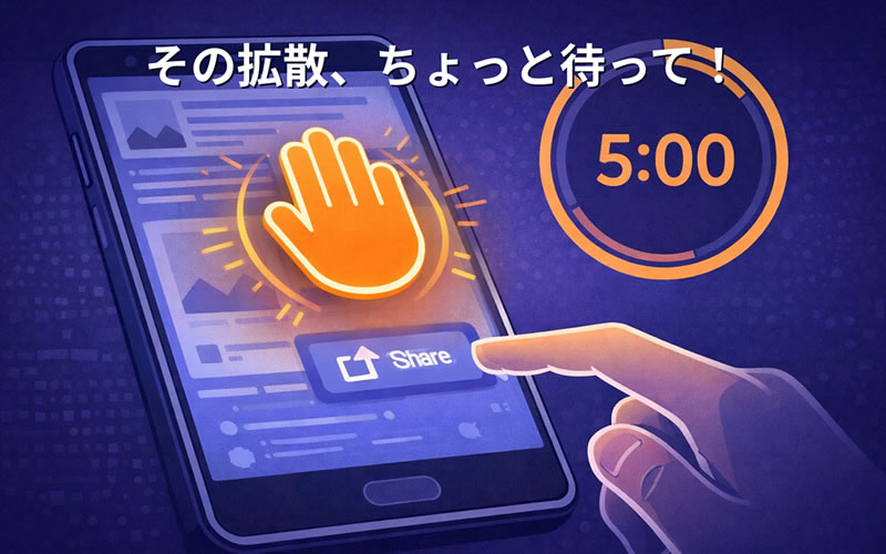 スマホの「シェア」ボタンを押す前にSTOPサインが表示され、5分待つことを促すイラスト