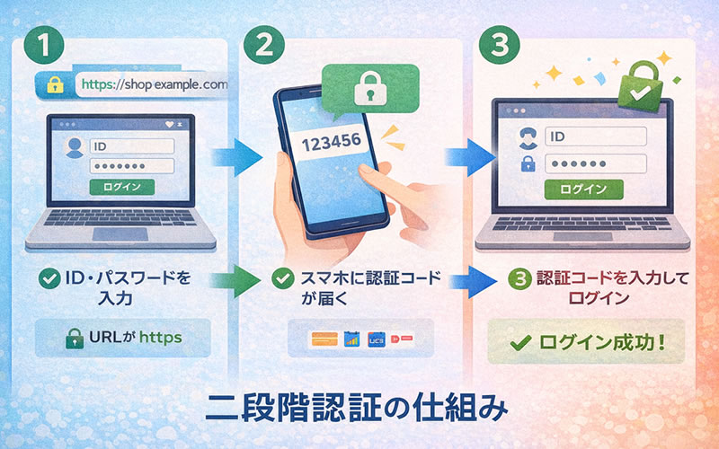 二段階認証の仕組みを説明する図解。パソコンでログイン後、スマホに認証コードが届き、入力してログイン完了する流れ