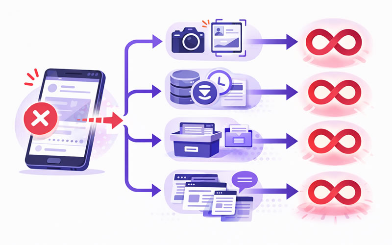 投稿を削除しても情報が残り続ける4つのルート（スクショ・キャッシュ・魚拓・転載）を図解