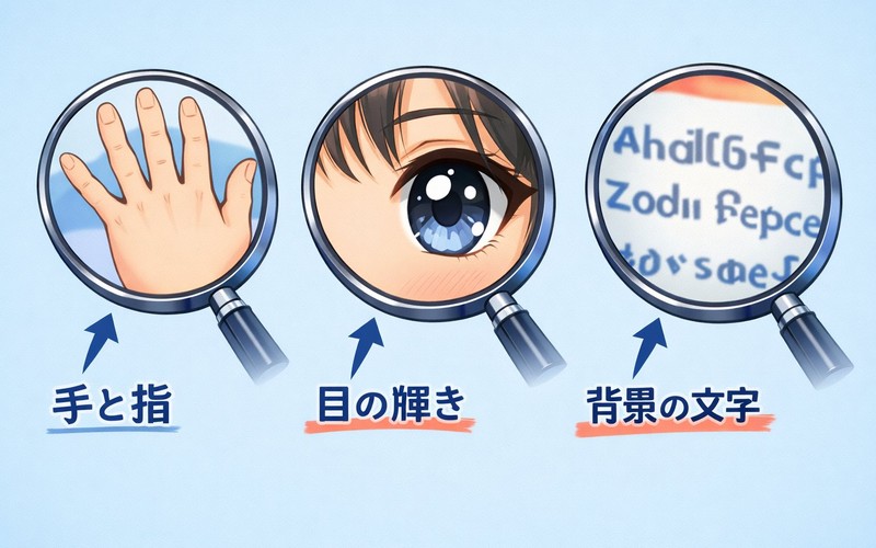 AI画像の見分け方チェックポイント(手・目・背景)のイラスト