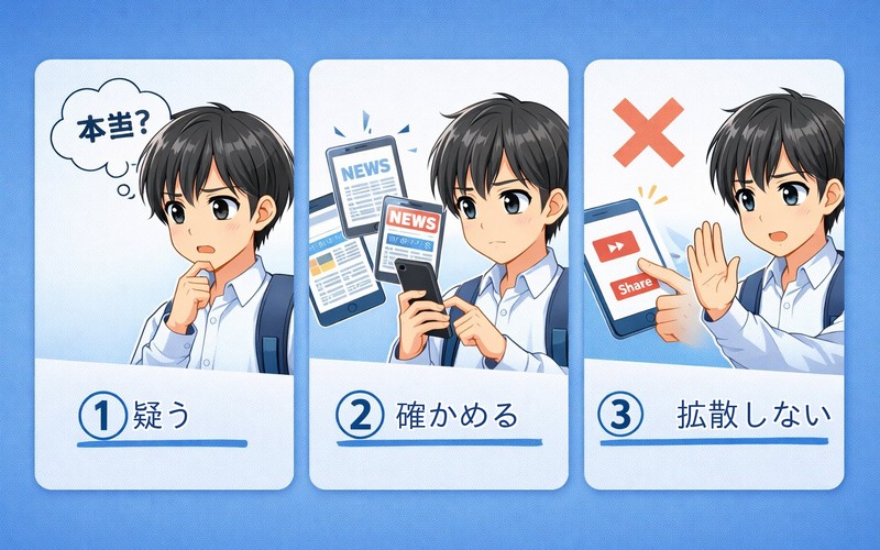 だまされないための3つの習慣を示すイラスト