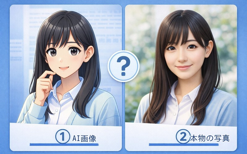 AIが生成した画像と本物の画像を比較するイラスト