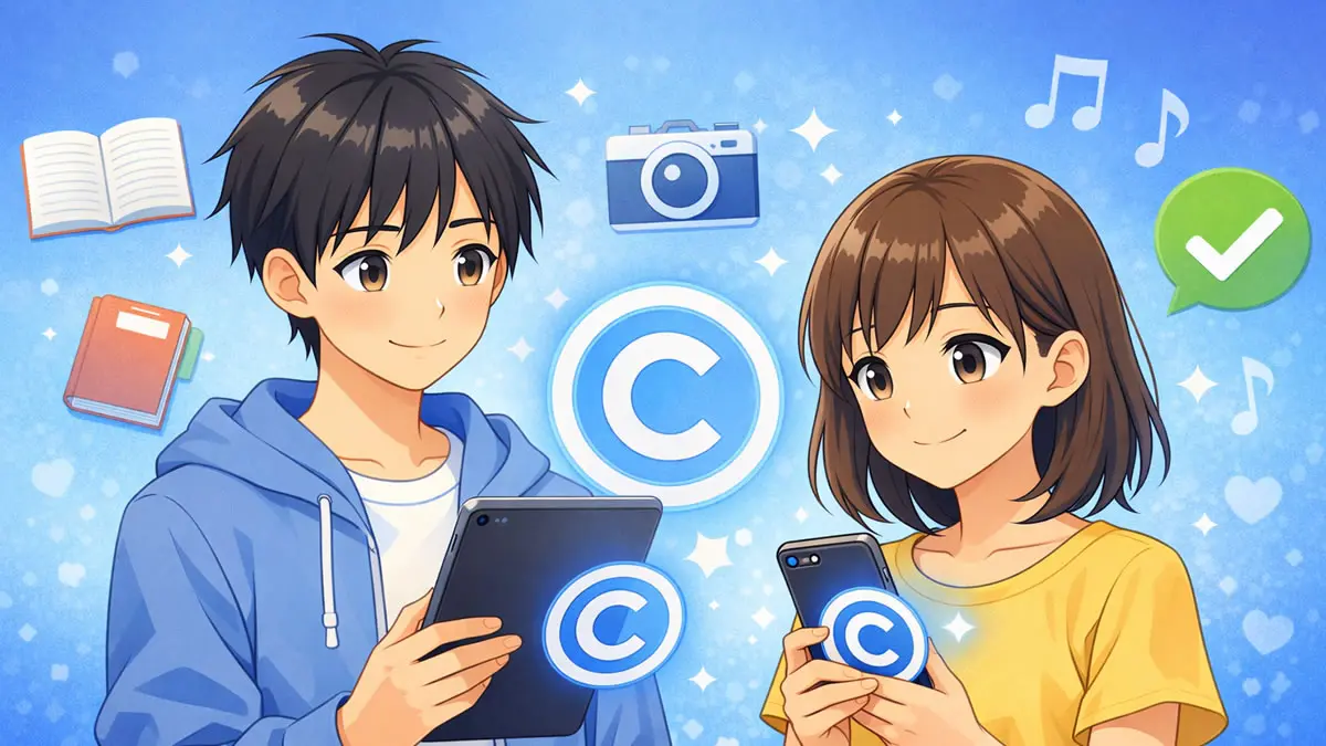 著作権と肖像権について学ぶ中学生のイラスト