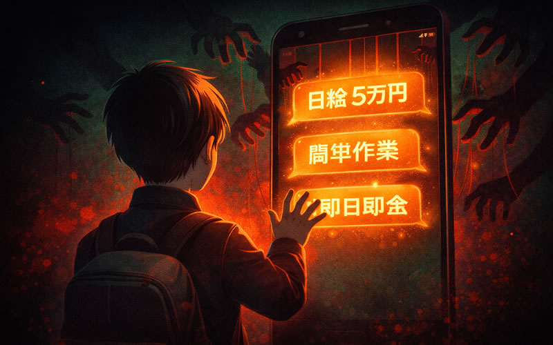 闇バイト募集の5つの最新パターンを示すイラスト