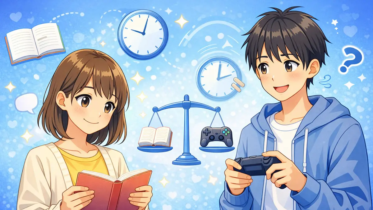 ゲームやスマホとの上手な付き合い方を学ぶ中学生のイラスト