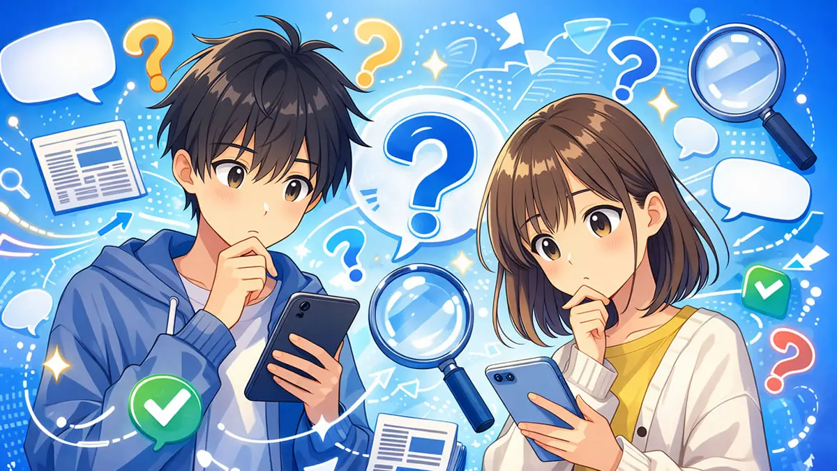 フェイクニュースの見分け方を学ぶ中学生のイラスト