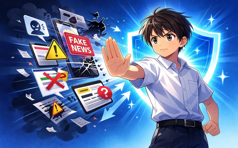 フェイクニュースの拡散をストップする中学生のイラスト