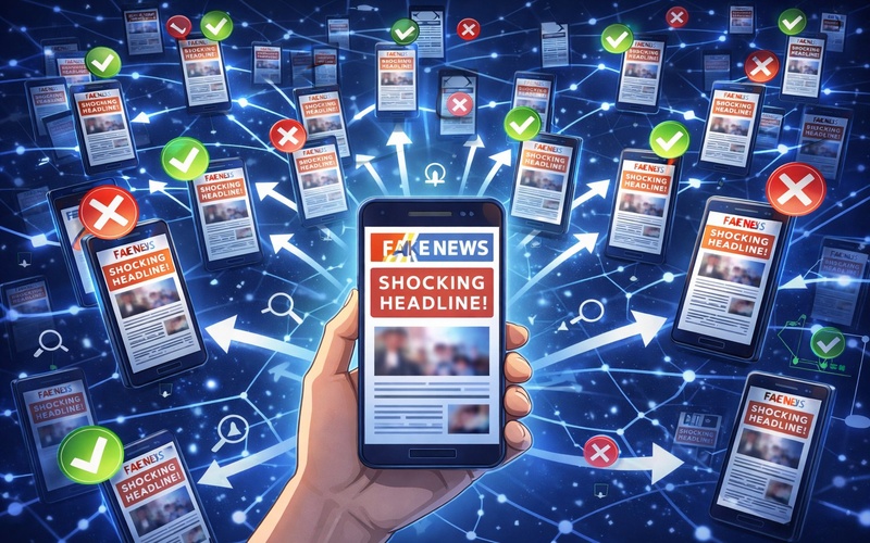 SNSでフェイクニュースが拡散していく様子のイラスト