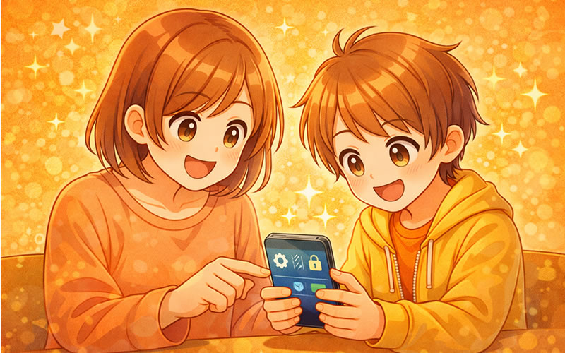 親子でスマホの課金設定を一緒に確認しているイラスト