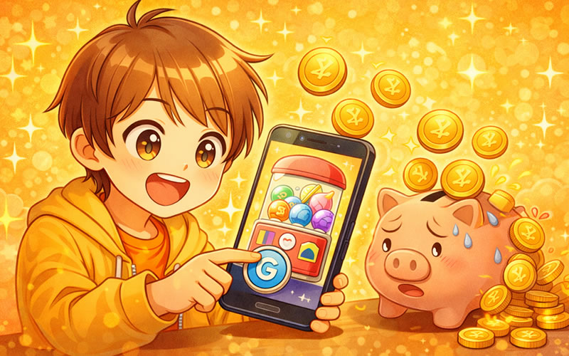 ガチャを回す子どもの横でお金がどんどん減っていくイメージイラスト