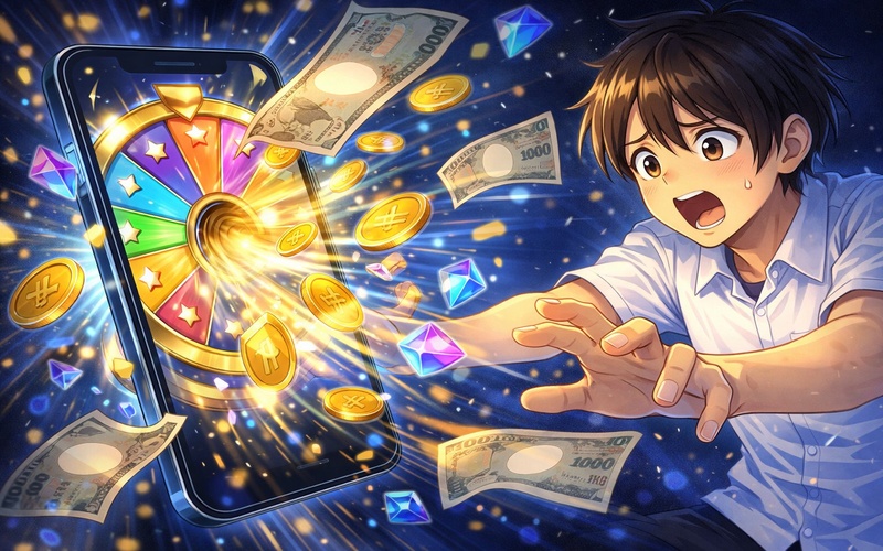 スマホのガチャ画面に吸い込まれるようにお金が消えていくイラスト