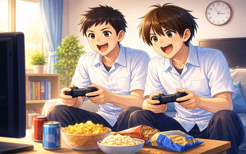 時間を決めて楽しくゲームをしている中学生のイラスト