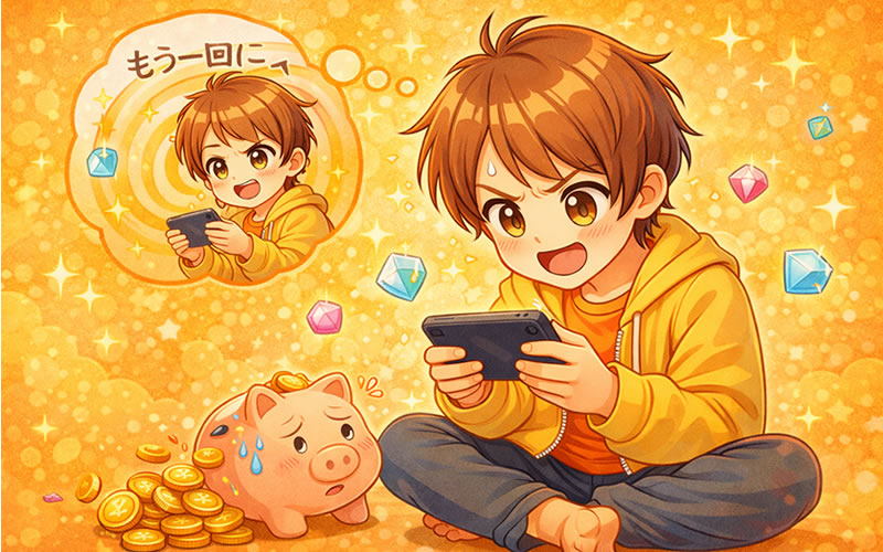 ガチャの「あと1回」がやめられない心理を表すイラスト