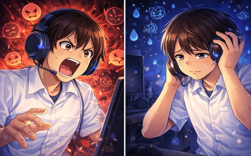 ボイスチャットで興奮して怒鳴っている中学生のイラスト