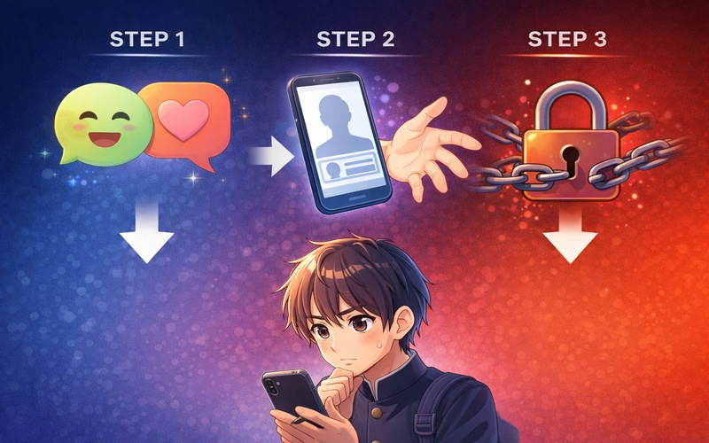 自画撮り被害がエスカレートしていく流れを示すイラスト