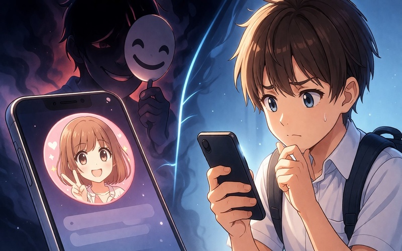 SNSで知らない相手からメッセージを受け取り不安そうにスマホを見る中学生のイラスト