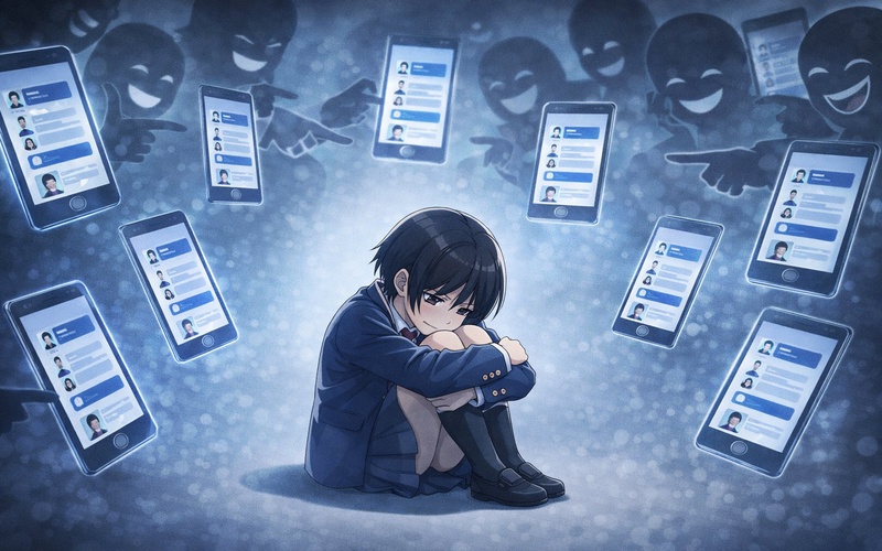 スクショが拡散されて傷ついている中学生のイラスト