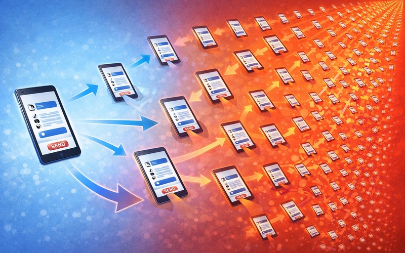 スクリーンショットが次々と転送されて拡散していく様子のイラスト