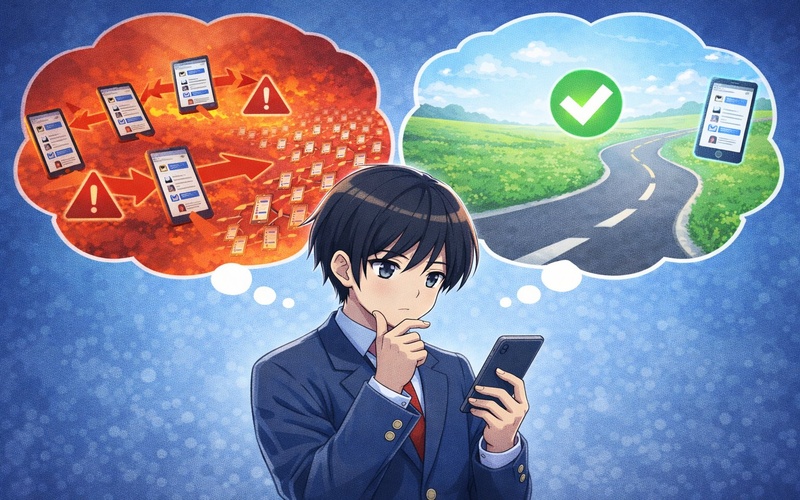 スクショを送る前に立ち止まって考えている中学生のイラスト