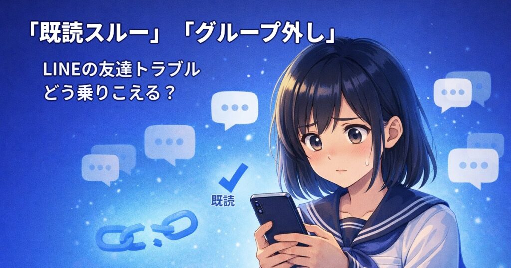 「既読スルー」「グループ外し」LINEの友達トラブル対策の記事アイキャッチ画像 画像に入れるテキスト： 「既読スルー」「グループ外し」LINEの友達トラブル どう乗りこえる？