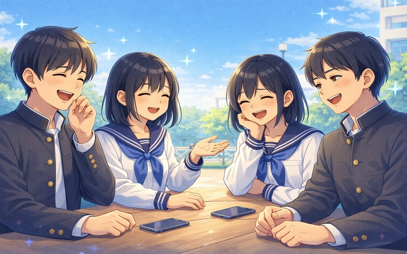 スマホを置いて直接会話をしている中学生の友達グループのイラスト