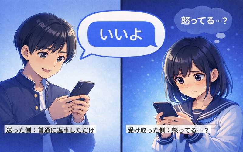 同じメッセージを見て、送った側と受け取った側で全く違う感情を持っている様子のイラスト