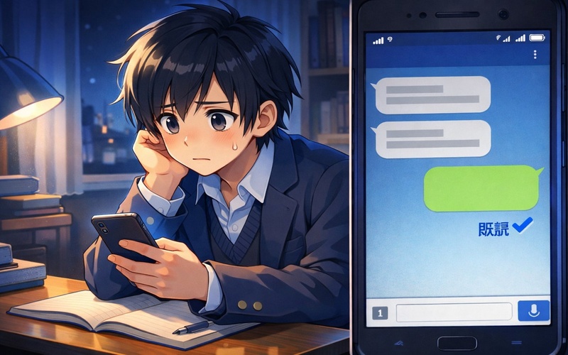 スマホの画面を見て不安そうな表情の中学生のイラスト