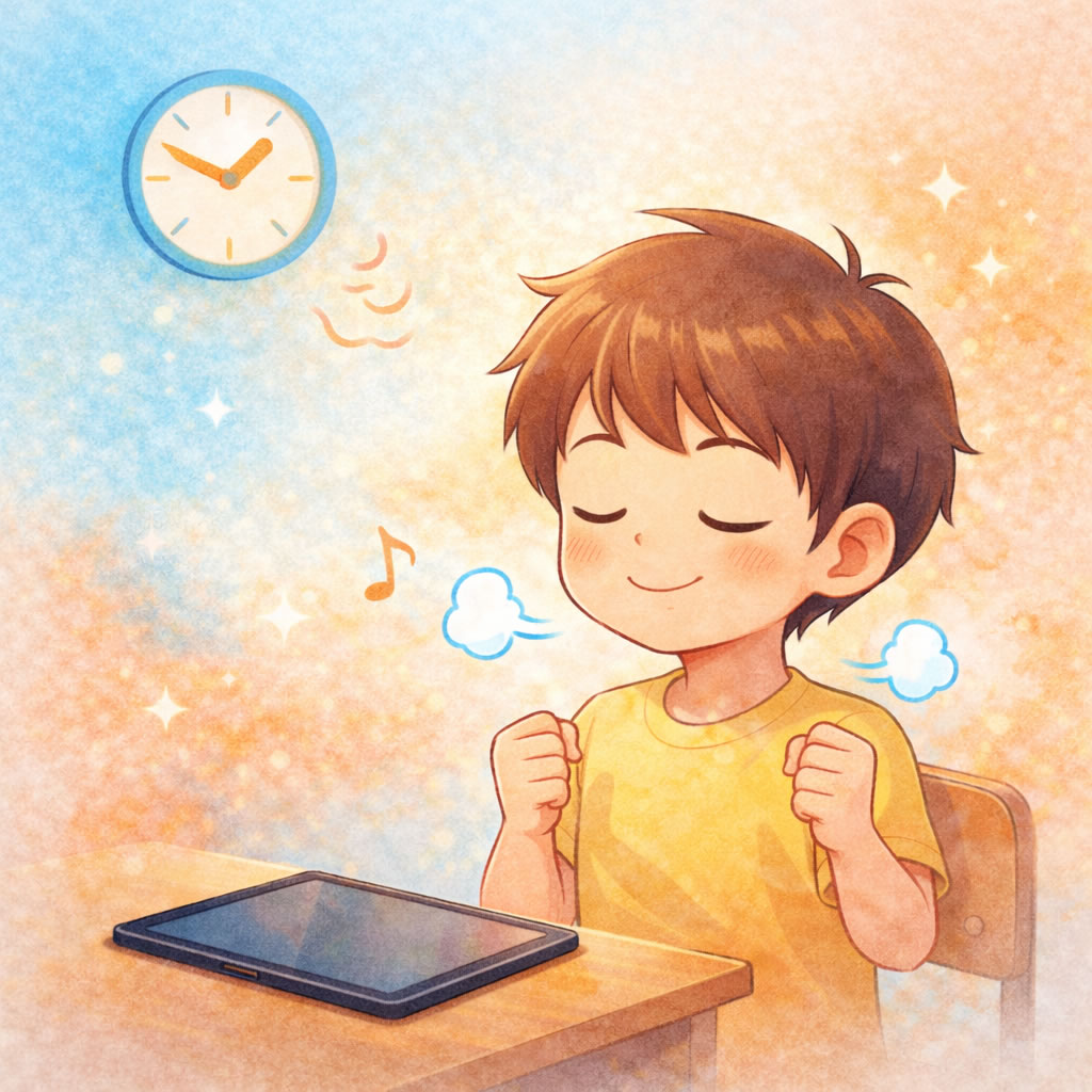 むかっとしたときに深呼吸して落ち着く子どものイラスト